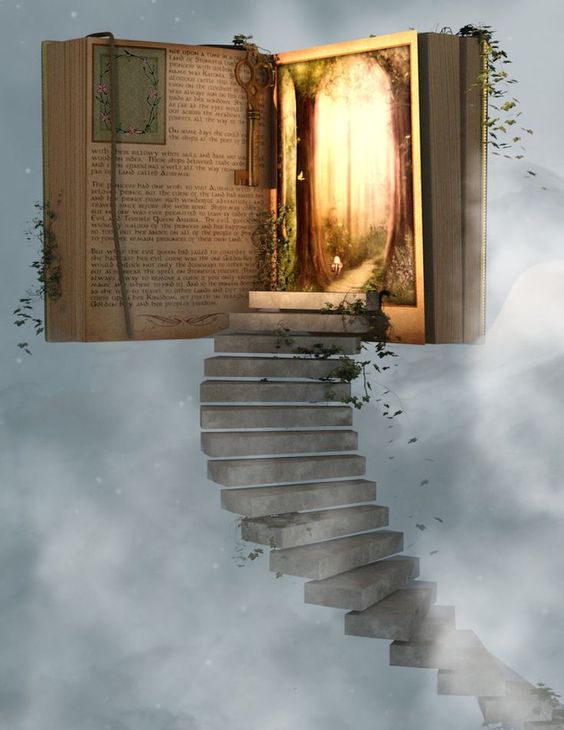 Trap in de wolken naar een boek met poort naar fantasie
