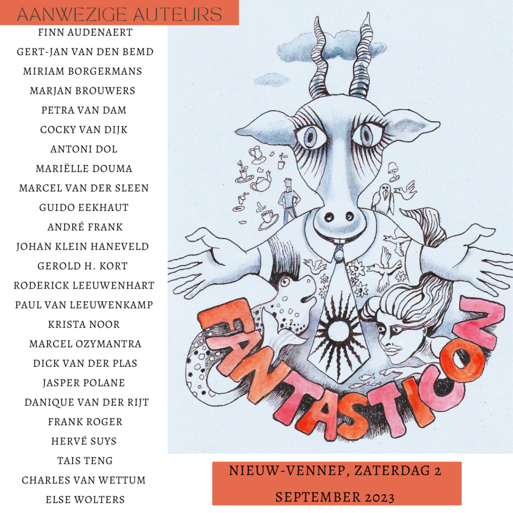 Lijst met auteurs naast een tekening met blauwkleurig monster en figuren en eronder de rood-roze tekst Fantasticon 