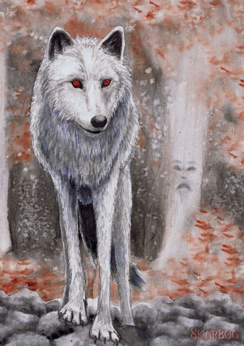 Tekening van een wolf in de herfst