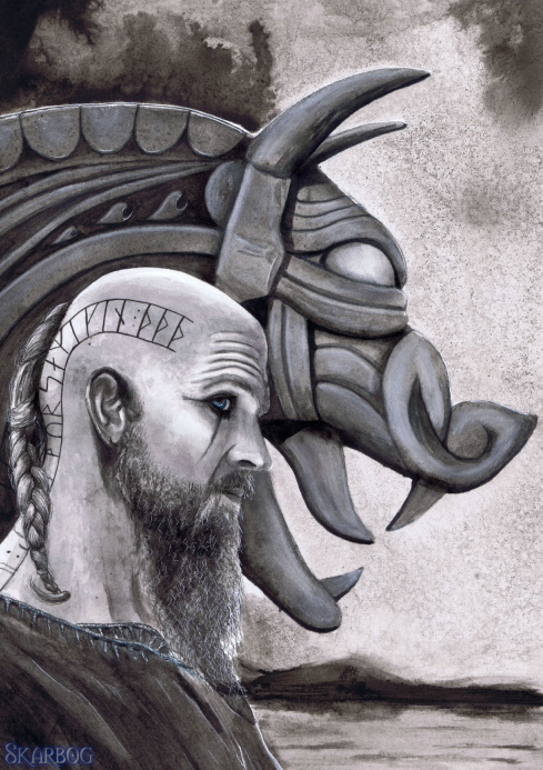Tekening van viking met runetekens op zijn hoofd en boegbeeld erachter