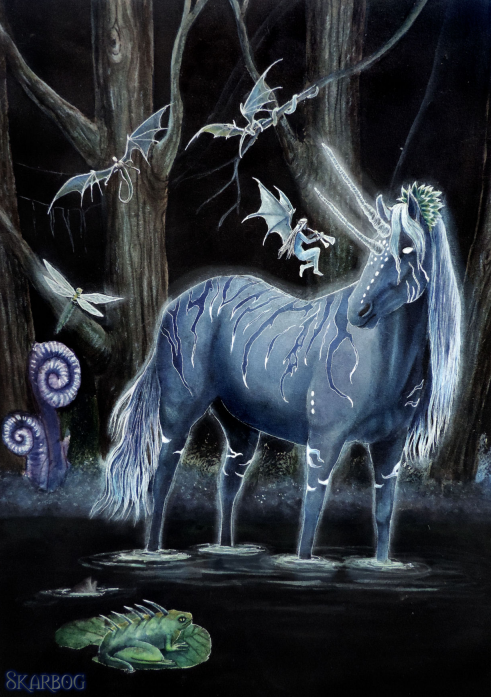 Eenhoorn en elfjes in blauwtinten tegen donkere achtergrond